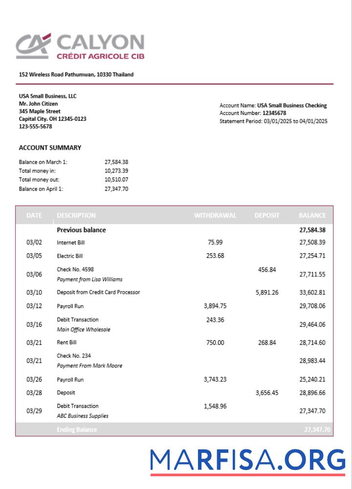 Printable Thailand Caylon company statement Word and PDF template